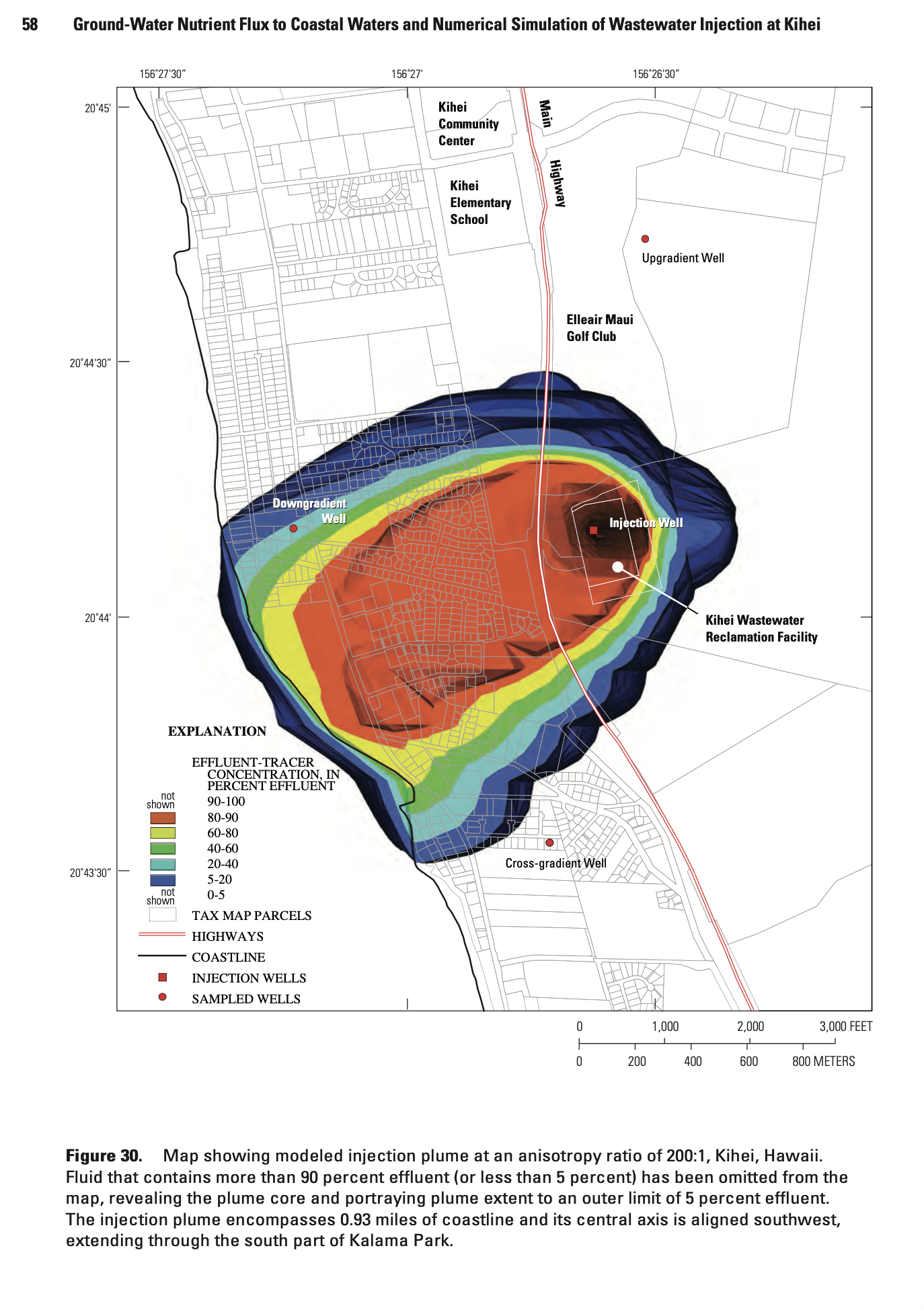 Hunt 2007 Kihei WWRF injection well efluent plume model centered around Cove Park